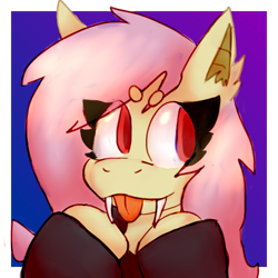 Size: 4000x4000 | Tagged: safe, fluttershy, bat pony, pony, g4, bat ponified, beanbrows, blue background, bust, clothes, ear fluff, eyebrows, fangs, female, flutterbat, gradient background, hoodie, mare, passepartout, purple background, race swap, red eyes, solo, tongue out