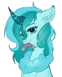 Size: 1707x2126 | Tagged: safe, artist:ruru_01, oc, oc only, fish, kirin, pony, bust, ear fluff, fangs, female, looking at you, mare, portrait, simple background, smiling, smiling at you, solo, white background