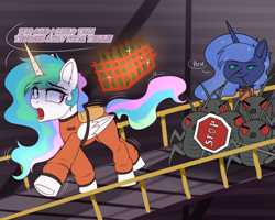 Size: 5000x4000 | Tagged: safe, artist:dinoalpaka, princess celestia, princess luna, alicorn, insect, pony, g4, cross-popping veins, crossover, emanata, female, giant insect, hoarding bug, le lenny face, lethal company, mare, meme, open mouth, royal sisters, siblings, sisters, stop sign