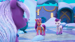 Size: 1920x1078 | Tagged: safe, screencap, comet (g5), sunny starscout, violet frost, zipp storm, auroricorn, earth pony, pegasus, pony, g5, my little pony: make your mark, my little pony: make your mark chapter 6, secrets of starlight, spoiler:g5, spoiler:my little pony: make your mark, spoiler:my little pony: make your mark chapter 6, spoiler:mymc06e04, animated, crystal horn, eyeshadow, female, glasses, group, hoof polish, horn, interrupted, jewelry, makeup, male, mare, necklace, quartet, snow, sound, sparkles, sparkly mane, sparkly tail, stallion, suspicious, tail, webm, wow