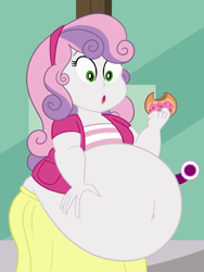 Size: 1080x1440 | Tagged: safe, artist:scobionicle99, sweetie belle, human, equestria girls, g4, :o, belly, belly button, big belly, donut, fat, female, fetish, food, huge belly, obese, open mouth, solo, sweetie belly