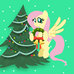 Size: 1400x1400 | Tagged: safe, artist:mlplary6, fluttershy, pegasus, pony, g4, christmas, christmas lights, christmas ornament, christmas tree, christmas wreath, cute, decoration, female, holiday, hoof hold, looking at you, merry christmas, midair, shyabetes, smiling, smiling at you, solo, spread wings, tree, wings, wreath
