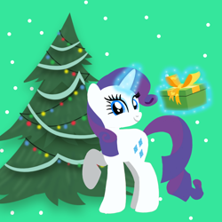 Size: 1400x1400 | Tagged: safe, artist:mlplary6, rarity, pony, unicorn, g4, aura, christmas, christmas tree, cute, female, holiday, looking at you, merry christmas, present, raribetes, smiling, solo, tree