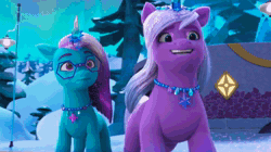 Size: 1920x1076 | Tagged: safe, screencap, comet (g5), sunny starscout, violet frost, auroricorn, earth pony, pegasus, pony, g5, my little pony: make your mark, my little pony: make your mark chapter 6, secrets of starlight, spoiler:g5, spoiler:my little pony: make your mark, spoiler:my little pony: make your mark chapter 6, spoiler:mymc06e04, animated, bag, crystal horn, eyeshadow, glitter, heart, hoof polish, horn, jewelry, locket, looking sideways, makeup, male, necklace, nervous, ruby, saddle bag, snow, sound, sparkles, sparkly mane, sparkly tail, stallion, stare, starlight ridge, suspicious, tail, webm