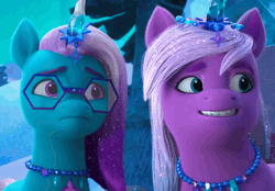 Size: 1544x1076 | Tagged: safe, screencap, comet (g5), violet frost, auroricorn, pony, g5, my little pony: make your mark, my little pony: make your mark chapter 6, secrets of starlight, spoiler:g5, spoiler:my little pony: make your mark, spoiler:my little pony: make your mark chapter 6, spoiler:mymc06e04, animated, crystal horn, duo, eyeshadow, female, gif, horn, jewelry, looking sideways, makeup, male, mare, necklace, sparkles, sparkly mane, stallion, suspicious face