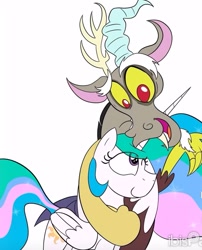 Size: 629x777 | Tagged: safe, artist:creepybirdextra, discord, princess celestia, alicorn, draconequus, g4, antlers, cropped, duo, duo male and female, female, friendshipping, horn, ibispaint x, male, one eye closed, open mouth, raised hand, screenshots, simple background, smiling, white background