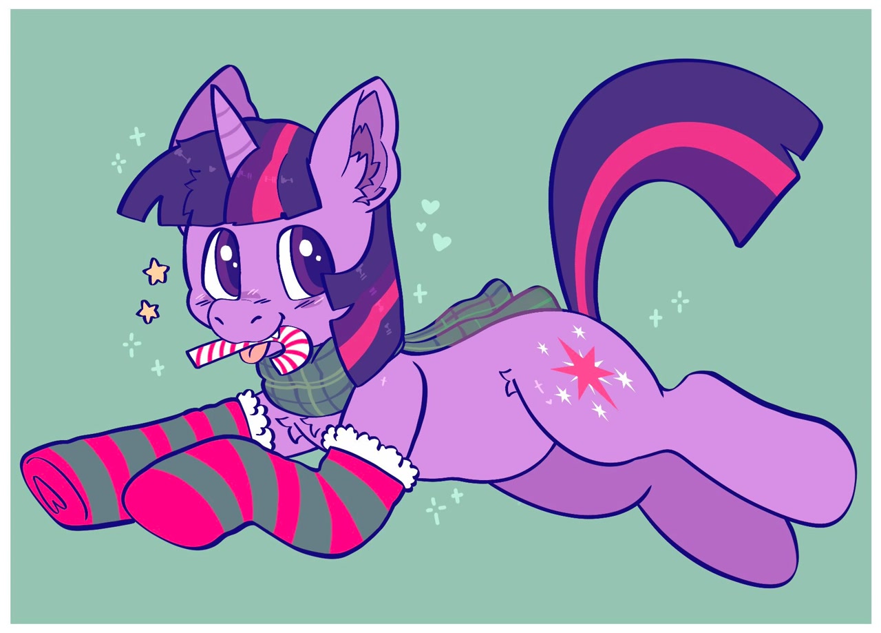 [candy,candy cane,christmas,clothes,food,g4,hearth's warming,holiday,pony,safe,scarf,simple background,socks,solo,twilight sparkle,unicorn,tongue out,striped socks,legs together,artist:spookyfoxinc]