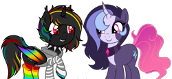 Size: 2025x939 | Tagged: safe, artist:arshe12, oc, oc only, oc:glare cross, oc:night rainbow, alicorn, bat pony, bat pony alicorn, pony, unicorn, alicorn oc, bat pony oc, bat wings, choker, clothes, commission, duo, ear piercing, earring, fangs, female, grin, hoodie, horn, jewelry, looking at each other, looking at someone, mare, markings, multicolored hair, piercing, rainbow hair, rainbow socks, raised hoof, simple background, smiling, socks, spiked choker, striped socks, transparent background, wing piercing, wings, wristband, ych result