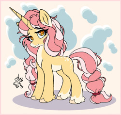 Size: 1973x1867 | Tagged: safe, artist:joakaha, oc, oc:lillia, pony, twinkle eyed pony, unicorn, coat markings, eyebrows, eyelashes, female, female oc, fetlock tuft, freckles, hair tie, horn, long horn, long mane, long tail, looking at you, mare, orange eyes, smiling, smiling at you, solo, tail, tail tie, two toned mane, two toned tail, unicorn oc, unshorn fetlocks, yellow coat