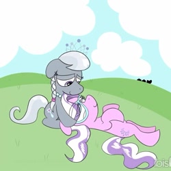 Size: 614x614 | Tagged: safe, artist:creepybirdextra, diamond tiara, silver spoon, g4, cropped, duo, duo female, female, filly, foal, grass, ibispaint x, jewelry, looking at each other, looking at someone, screenshots, tiara
