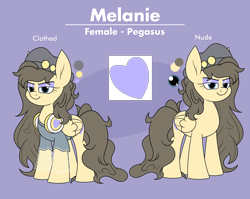 Size: 2772x2205 | Tagged: safe, artist:moonatik, oc, oc only, oc:melanie mousse, pegasus, pony, badge, commission, female, hat, headphones, high res, hipster, mare, messy mane, pegasus oc, reference sheet, solo