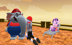 Size: 1920x1200 | Tagged: safe, artist:puzzlshield2, starlight glimmer, elephant, pony, g4, the crystalling, 3d, beach chair, chair, chokehold, crossover, cute, eating, elephant mario, fight, food, glimmerbetes, mario, meme, mmd, niles, popcorn, recreation, smg4, super mario bros., super mario bros. wonder, super mario galaxy