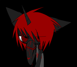 Size: 1280x1119 | Tagged: safe, artist:burnedmuffinz, oc, oc only, oc:shad0w, pony, unicorn, angry, blood, bracelet, broken hearts, clothes, dripping blood, emo, facial piercing, facial scar, headphones, horn, jewelry, lip piercing, messy mane, nosebleed, one ear down, piercing, raised hoof, scar, simple background, snake bites, solo, tank top, tattoo, unicorn oc