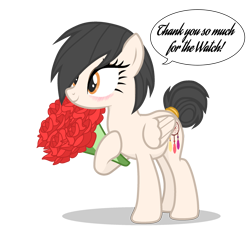 Size: 2500x2500 | Tagged: safe, artist:r4hucksake, oc, oc only, oc:dreamcatcher, pegasus, pony, blushing, bouquet of flowers, female, flower, high res, mare, simple background, solo, transparent background