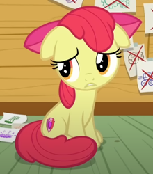 Size: 396x449 | Tagged: safe, screencap, apple bloom, earth pony, pony, g4, on your marks, adorabloom, clubhouse, cropped, crusaders clubhouse, cute, floppy ears, sad, sadorable, sitting, solo