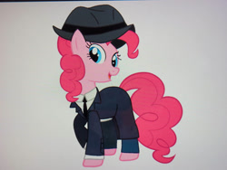 Size: 828x621 | Tagged: safe, artist:angel-foxgirl2016, pinkie pie, earth pony, pony, g4, clothes, female, hat, photo, picture of a screen, solo, suit