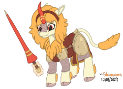 Size: 1165x849 | Tagged: safe, artist:bloonacorn, oc, oc only, oc:gloria graces, kirin, armor, armored pony, cloven hooves, lance, simple background, solo, transparent background, weapon