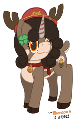 Size: 710x1140 | Tagged: safe, artist:bloonacorn, oc, oc only, oc:bloona blazes, deer, reindeer, unicorn, /mlp/ tf2 general, bell, bell collar, collar, derp, hat, horn, saddle, simple background, solo, tack, team fortress 2, transparent background, unicorn oc