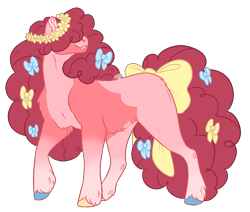Size: 1321x1118 | Tagged: safe, artist:kitschykricket, earth pony, pony, belly fluff, bow, chest fluff, floral head wreath, flower, gradient legs, hair bow, hair over eyes, mismatched hooves, pale belly, raised hoof, shoulder fluff, simple background, solo, tail, tail bow, tongue out, transparent background, turned head