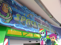 Size: 2558x1912 | Tagged: safe, artist:ex-machinart, artist:marcorulezzz, rainbow dash, scootaloo, human, equestria girls, g4, adopted, adopted offspring, buzz lightyear, buzz lightyear's space ranger spin, clothes, cute, cutealoo, dashabetes, disneyland, dress, duo, equestria girls in real life, female, grin, headcanon, headcanon in the description, humanized, irl, photo, scootadoption, scootalove, siblings, sisters, smiling, toy story