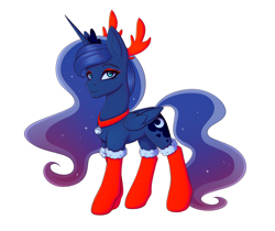 Size: 2320x1952 | Tagged: safe, artist:tanatos, princess luna, alicorn, pony, g4, christmas, clothes, concave belly, eyeshadow, female, holiday, horns, lacrimal caruncle, makeup, mare, redraw, simple background, socks, solo, white background