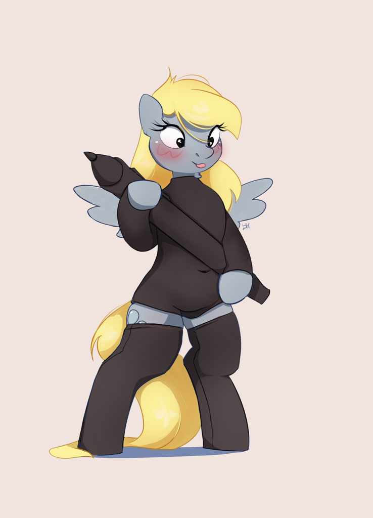 [bipedal,blushing,clothes,derpy hooves,g4,leotard,pegasus,safe,semi-anthro,simple background,socks,solo,thigh highs,tights,arm hooves,artist:drafthoof]