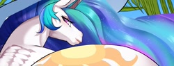 Size: 1425x543 | Tagged: safe, artist:chigusa, princess celestia, alicorn, pony, g4, butt, female, hoers, lidded eyes, looking at you, looking back, looking back at you, mare, plot, princess celestia is a horse, solo, sunbutt, wip