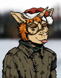 Size: 1127x1421 | Tagged: safe, artist:dwcmarshalarts, oc, oc:golden autumn, unicorn, anthro, christmas, clothes, freckles, glasses, hat, holiday, horn, male, round glasses, santa hat, solo