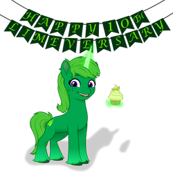 Size: 2000x2000 | Tagged: safe, alternate version, artist:kitana762, oc, oc only, oc:lime dream, pony, unicorn, g5, anniversary, banner, cupcake, food, freckles, happy, high res, lime, magic, simple background, solo, transparent background, unshorn fetlocks