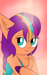 Size: 800x1280 | Tagged: safe, artist:jazzystarloverz, sunny starscout, alicorn, semi-anthro, g5, arm hooves, chest fluff, human shoulders, lidded eyes, looking at you, race swap, smiling, solo, sunnycorn