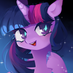 Size: 2800x2800 | Tagged: safe, artist:noriap, twilight sparkle, pony, unicorn, g4, bust, female, floppy ears, gradient background, high res, mare, open mouth, signature, solo, sparkles, starry eyes, unicorn twilight, unshorn fetlocks, wingding eyes