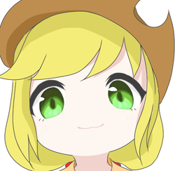 Size: 908x886 | Tagged: safe, artist:cz, part of a set, applejack, human, g4, :3, anime style, applejack's hat, bust, close-up, cowboy hat, cute, female, hat, humanized, jackabetes, looking at you, mutsuki face, no nose, simple background, solo, white background