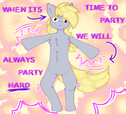Size: 827x749 | Tagged: safe, artist:hivecicle, derpy hooves, pegasus, pony, anthro, g4, anatomically incorrect, andrew w.k., dancing, derp, gray coat, incorrect leg anatomy, lyrics, party hard, solo, text, yellow eyes, yellow hair