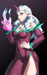 Size: 800x1280 | Tagged: safe, artist:tzc, opaline arcana, human, g5, braid, breasts, busty opaline arcana, clothes, dress, elf ears, eyeshadow, female, hand on hip, horn, horned humanization, humanized, looking at you, magic, makeup, solo