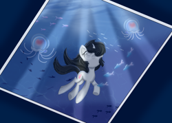 Size: 2000x1430 | Tagged: safe, artist:taoyvfei, oc, oc:taoyvfei, fish, jellyfish, pony, unicorn, bubble, curved horn, flowing mane, flowing tail, horn, ocean, seabed, sunlight, swimming, tail, underwater, unicorn oc, water