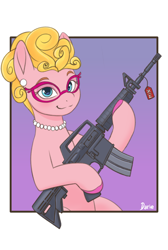 Size: 2893x4310 | Tagged: safe, artist:zeroonesunray, phyllis cloverleaf, earth pony, pony, g5, female, glasses, gun, looking at you, m4a1, mare, meme, simple background, solo, weapon