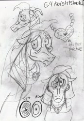 Size: 2235x3237 | Tagged: safe, artist:toon-n-crossover, knight shade, earth pony, pony, bright lights, g1, g4, my little pony 'n friends, elderly, g1 to g4, generation leap, high res, male, monochrome, rough sketch, sketch, sketchbook, stallion, thumbnail, traditional art, worn out