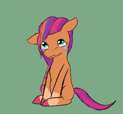 Size: 1890x1757 | Tagged: safe, anonymous artist, sunny starscout, earth pony, pony, g5, colored sketch, crying, ears back, female, green background, head down, mane stripe sunny, mare, missing accessory, sad, simple background, sitting, sketch, solo, sorry, sunny sadscout