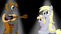 Size: 3840x2160 | Tagged: safe, artist:darelith, derpy hooves, dinky hooves, oc, oc:crusader, pegasus, pony, unicorn, g4, acoustic guitar, female, filly, foal, guitar, high res, holding a pony, male, mare, musical instrument, sitting, sitting on lap, spotlight, stallion, stool