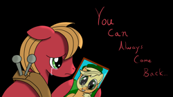 Size: 3840x2160 | Tagged: safe, artist:darelith, applejack, big macintosh, earth pony, pony, g4, black background, dialogue, female, grin, high res, holding, male, mare, picture frame, simple background, smiling, stallion, teary eyes