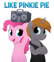 Size: 3448x4000 | Tagged: safe, artist:moozua, pinkie pie, oc, oc:crusader, earth pony, pony, unicorn, g4, armpits, bipedal, boombox, clothes, crossed hooves, duo, female, high res, holding, male, mare, simple background, stallion, transparent background