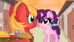 Size: 2489x1400 | Tagged: safe, artist:lbrcloud, big macintosh, sugar belle, earth pony, pony, unicorn, g4, apple, female, food, grin, heart, heart eyes, looking at each other, looking at someone, male, mare, our town, ship:sugarmac, shipping, smiling, stallion, straight, wingding eyes