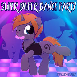 Size: 3000x3000 | Tagged: safe, artist:moozua, fluttershy, twilight sparkle, oc, oc:crusader, alicorn, pony, unicorn, g4, album cover, clothes, dance floor, dancing, glowstick, high res, male, mouth hold, one eye closed, smiling, stallion, twilight sparkle (alicorn)