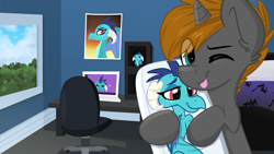Size: 2489x1400 | Tagged: safe, artist:lbrcloud, princess ember, oc, oc:crusader, dragon, pony, unicorn, g4, :p, body pillow, computer, eye clipping through hair, figurine, holding, laptop computer, looking at you, male, one eye closed, poster, room, stallion, tongue out