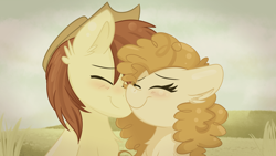 Size: 3840x2160 | Tagged: safe, artist:lbrcloud, bright mac, pear butter, earth pony, pony, g4, blushing, bust, eyes closed, female, field, high res, male, mare, nuzzling, ship:brightbutter, shipping, smiling, stallion, straight