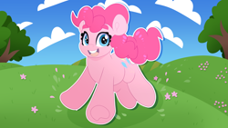 Size: 5334x3000 | Tagged: safe, artist:partypievt, pinkie pie, earth pony, pony, g4, absurd resolution, bucktooth, cloud, female, grass, grass field, jumping, mare, open mouth, open smile, outline, smiling, solo