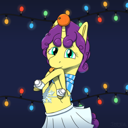 Size: 2000x2000 | Tagged: safe, artist:terminalhash, oc, oc:miminofirecarrot, pony, unicorn, :p, christmas, christmas lights, clothes, cute, fruit, gradient background, high res, holiday, ocbetes, scarf, silly, skirt, snow, snowflake, solo, tongue out