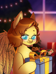 Size: 1522x2000 | Tagged: safe, artist:erein, oc, oc:yuris, pegasus, pony, blushing, brown mane, bust, chibi, christmas, christmas lights, christmas presents, christmas tree, commission, cute, ears up, female, garland, glasses, holiday, icon, indoors, pegasus oc, portrait, present, room, smiling, solo, string lights, tree, turquoise eyes, window, wings, ych result