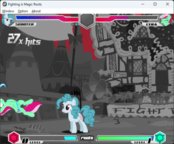 Size: 642x532 | Tagged: safe, lyra heartstrings, pinkie pie, fighting is magic, g4, game screencap, nightmare corner, palette swap, recolor, red background, scooter (character), simple background