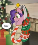 Size: 2243x2701 | Tagged: safe, alternate version, artist:mochi_nation, pipp petals, pegasus, pony, g5, adorapipp, candy, candy cane, christmas, christmas stocking, commission, commissioner:raritybro, cute, diadem, eye clipping through hair, female, fireplace, food, high res, holiday, hoof hold, jewelry, mare, open mouth, pipp is short, pipp is smol, present, regalia, smol, solo, speech bubble, tiny, tiny ponies, ych result